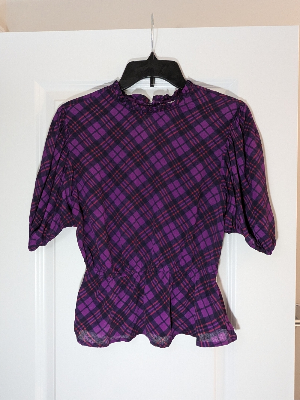 Rahi Purple and Black Peplum Blouse with Puff Sleeves and Mandarin Collar, XS